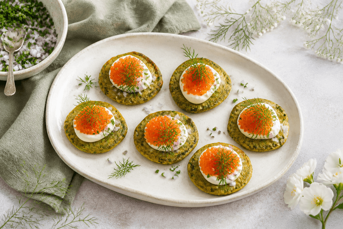Seks grønne spinatblinis med creme fraiche, orange stenbiderrogn, rødløg, purløg og dild