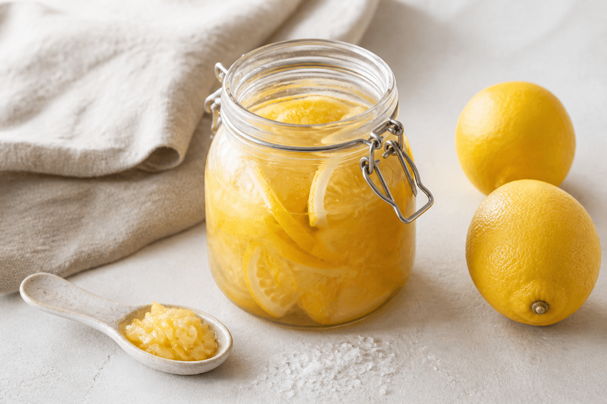 Klart glas med saltede citronbåde under citronsaft, friske citroner, groft salt og en ske hakket citronskal