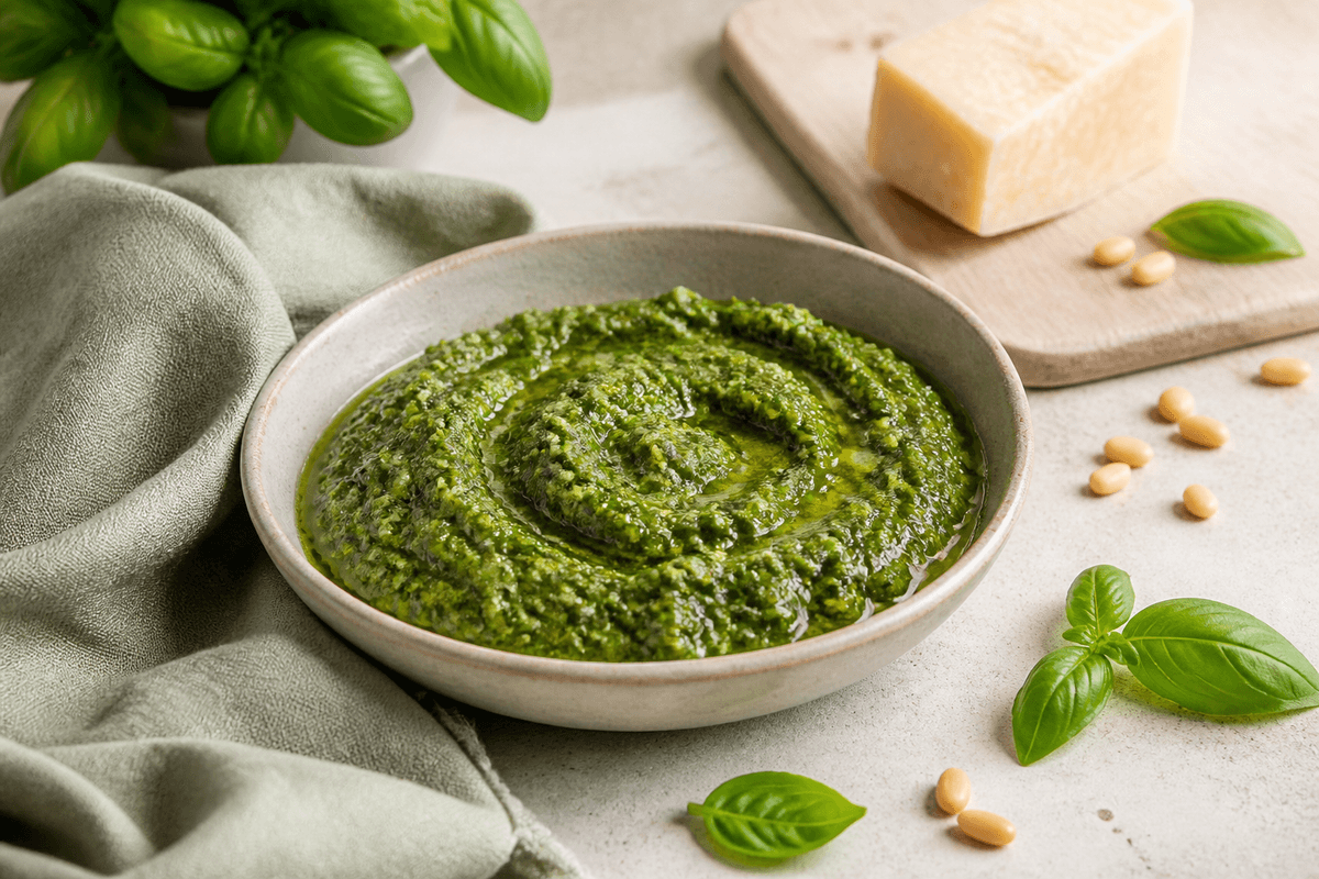 Grov frisk basilikumpesto med pinjekerner, parmesan og olivenolie i lav råhvid skål