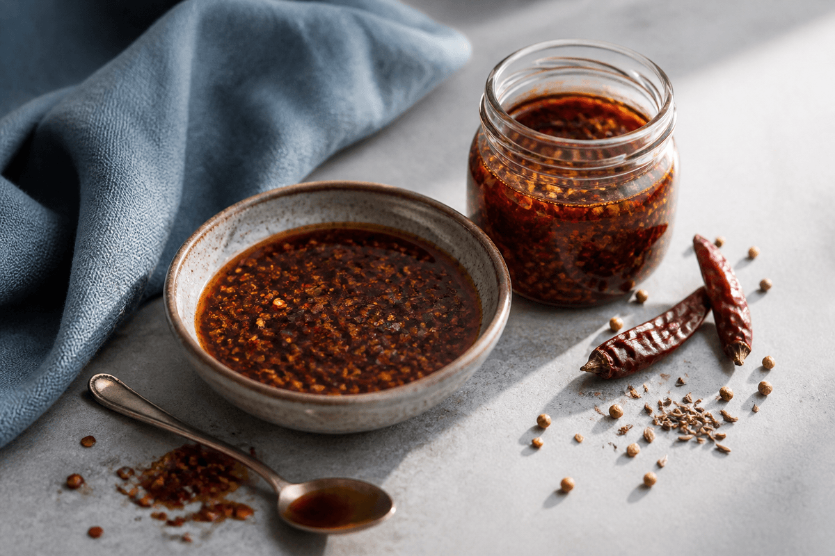 Rubinrød chiliolie med chiliflager, sesam, spidskommen og koriander i glas og lav keramikskål