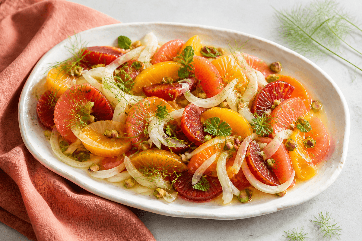 Farverig citrussalat med appelsin, grapefrugt, blodappelsin, clementin, fennikel, pistacie og mynte