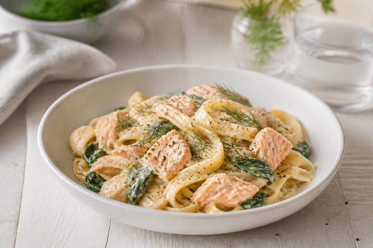 Cremet tagliatelle med store flager af laks, spinat, citron, dild og sort peber i en råhvid skål