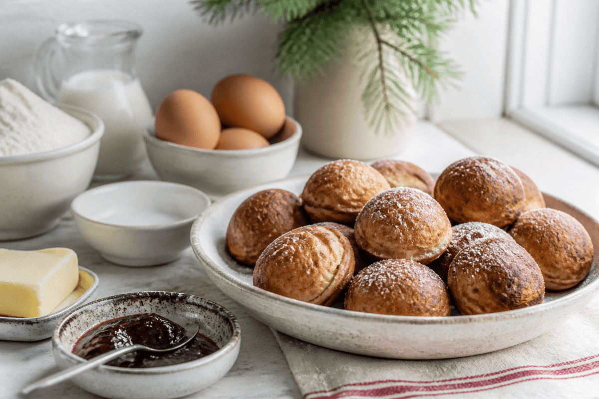 Æbleskiver anrettet i Madblikkets lyse nordiske billedstil med rettens vigtigste råvarer tydeligt synlige