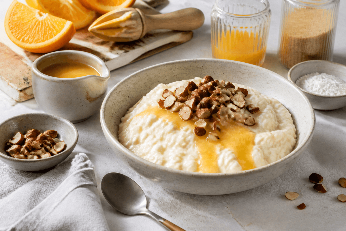 Appelsinsauce og karameliserede mandler til risalamande anrettet i Madblikkets lyse nordiske billedstil med rettens vigtigste råvarer tydeligt synlige