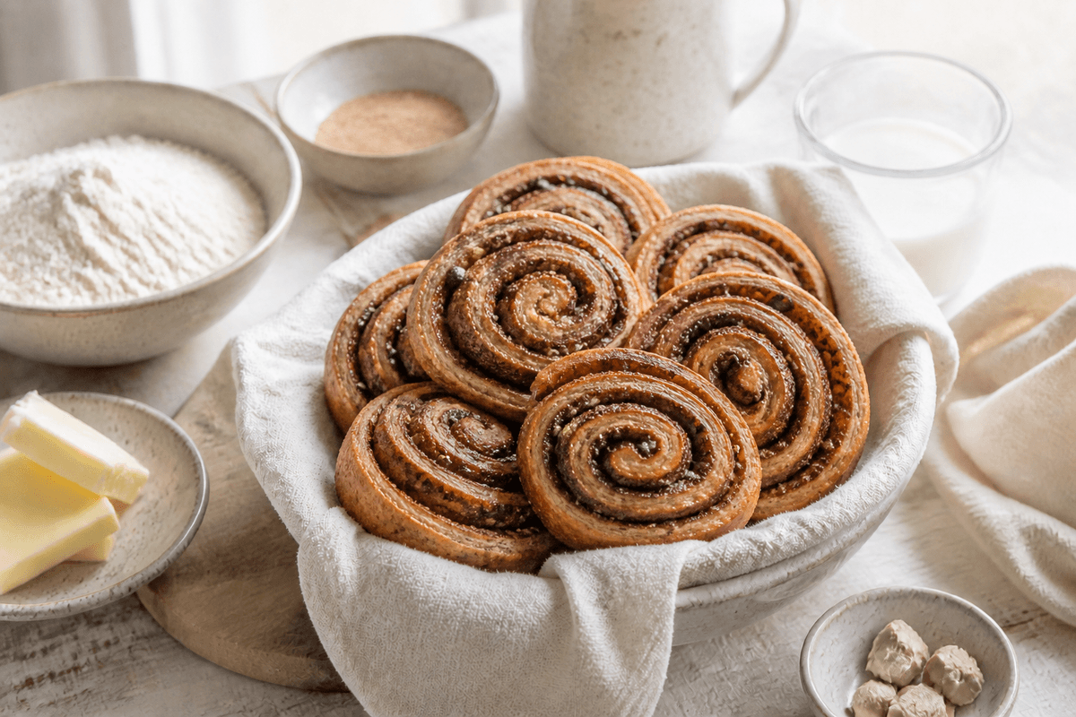 Kanelboller med chokolade anrettet i Madblikkets lyse nordiske billedstil med rettens vigtigste råvarer tydeligt synlige