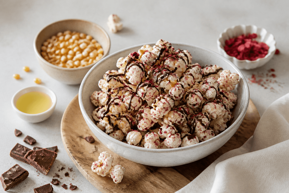 Choko popcorn anrettet i Madblikkets lyse nordiske billedstil med rettens vigtigste råvarer tydeligt synlige