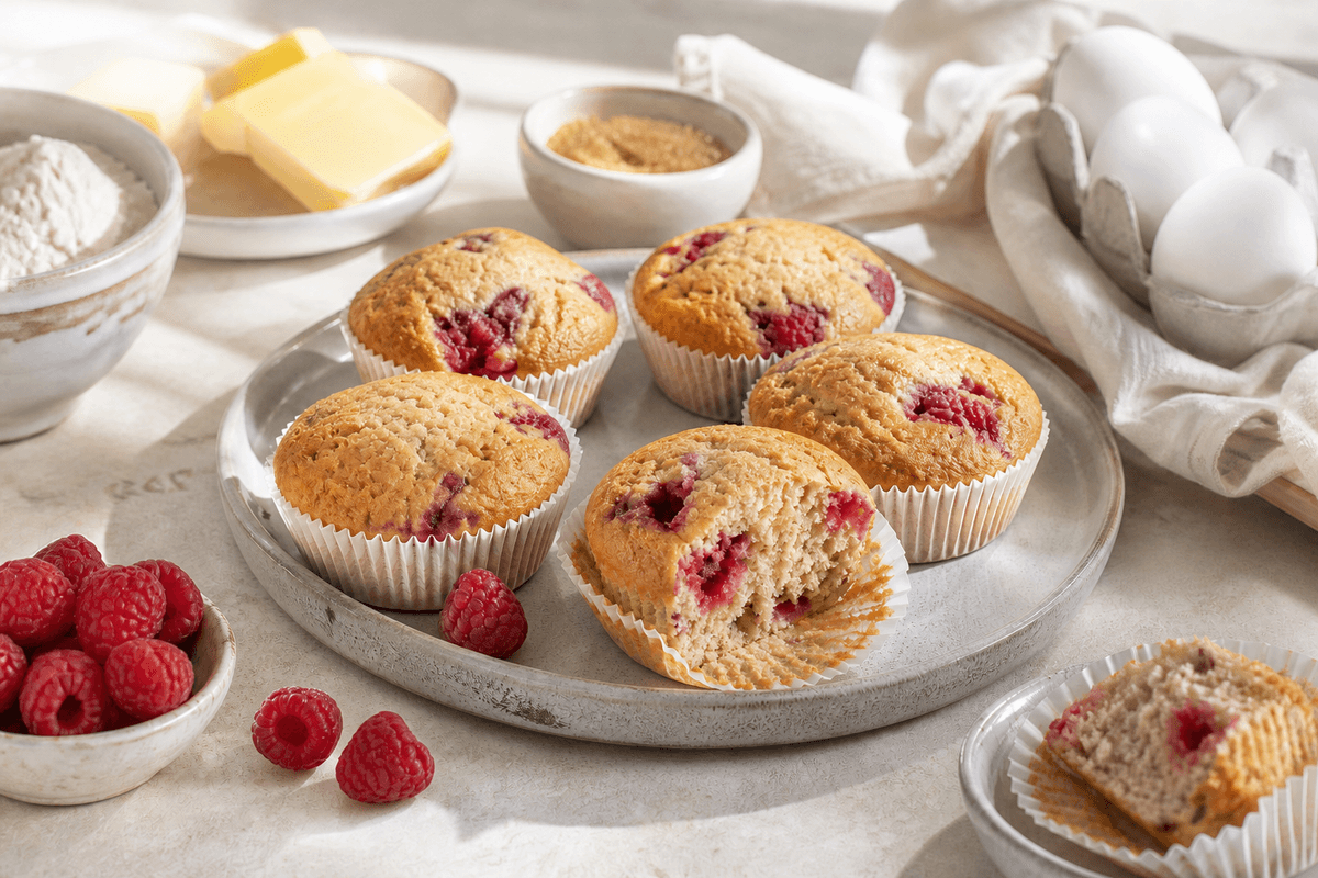 Hindbærmuffins anrettet i Madblikkets lyse nordiske billedstil med rettens vigtigste råvarer tydeligt synlige