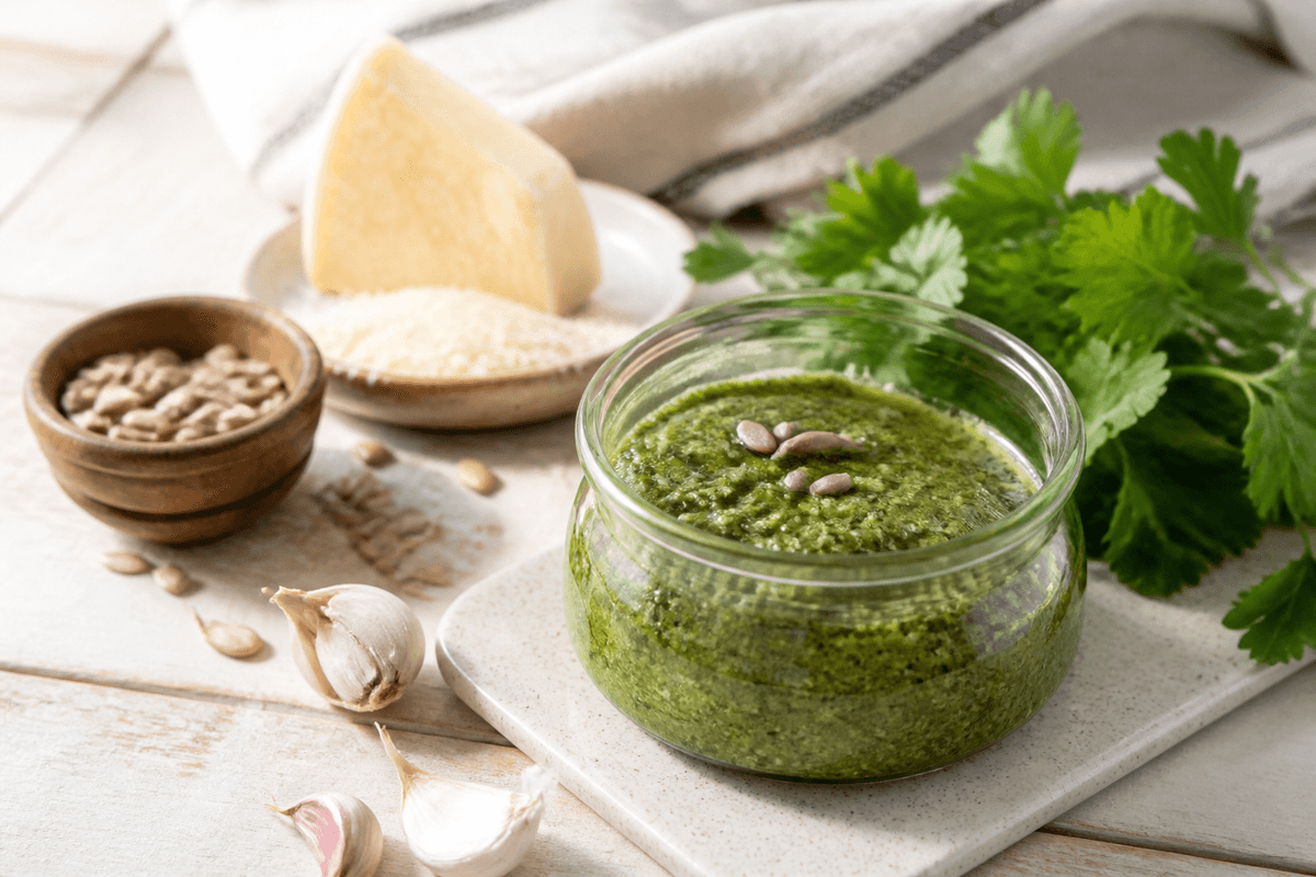 Persillepesto anrettet i Madblikkets lyse nordiske billedstil med rettens vigtigste råvarer tydeligt synlige
