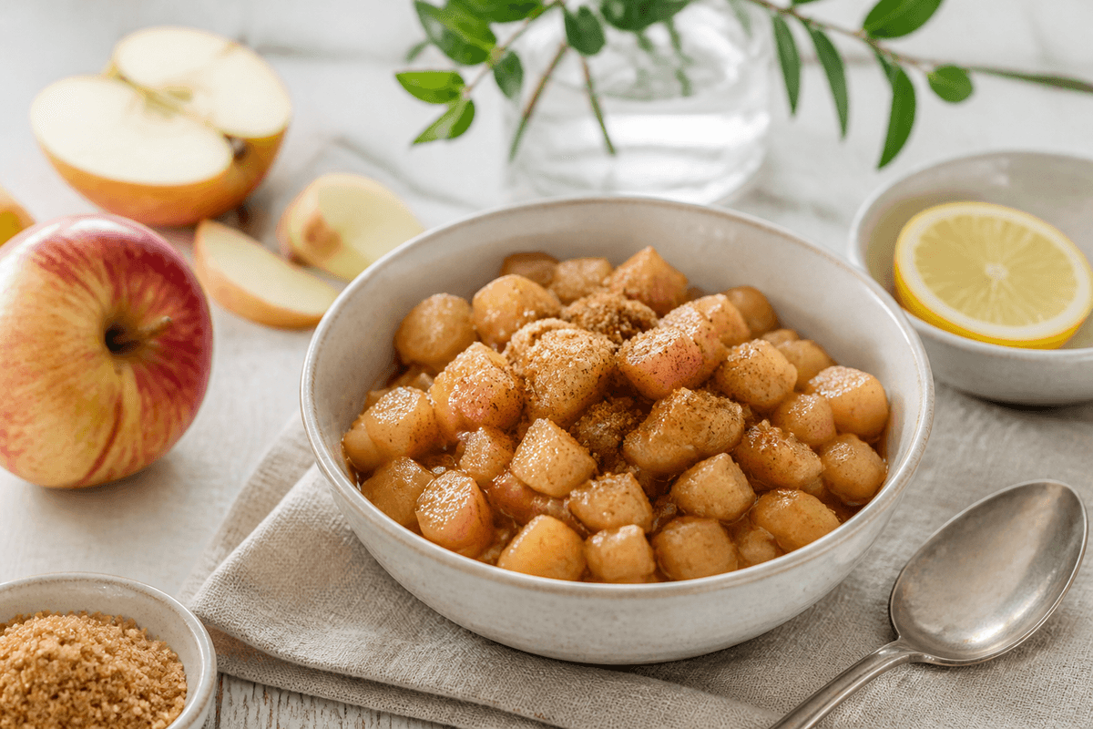 Æblekompot anrettet i Madblikkets lyse nordiske billedstil med rettens vigtigste råvarer tydeligt synlige