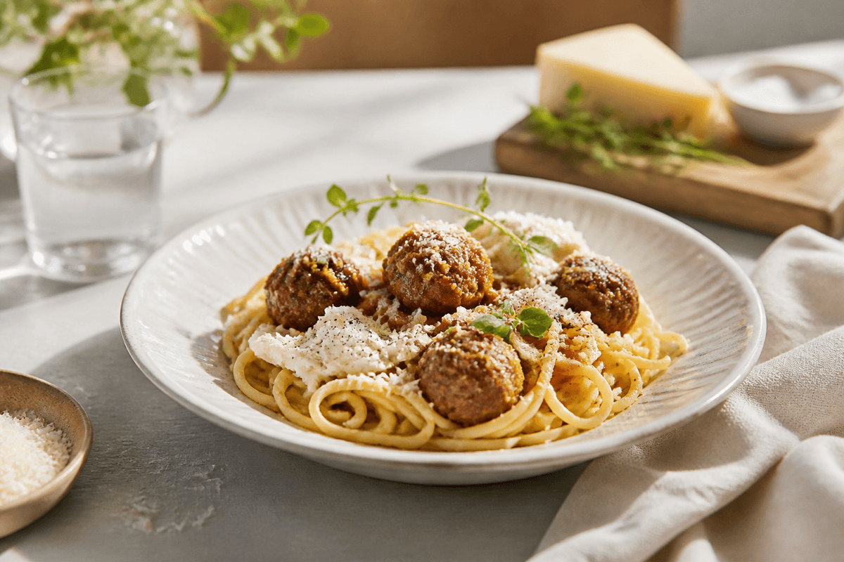 Spaghetti à la Lady og Vagabonden anrettet i Madblikkets lyse nordiske billedstil med rettens vigtigste råvarer tydeligt synlige