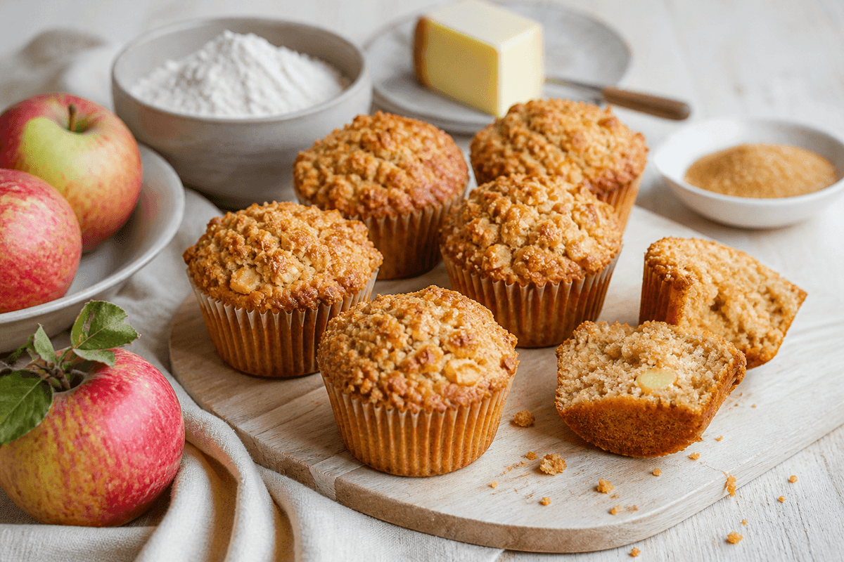 Æblemuffins anrettet i Madblikkets lyse nordiske billedstil med rettens vigtigste råvarer tydeligt synlige