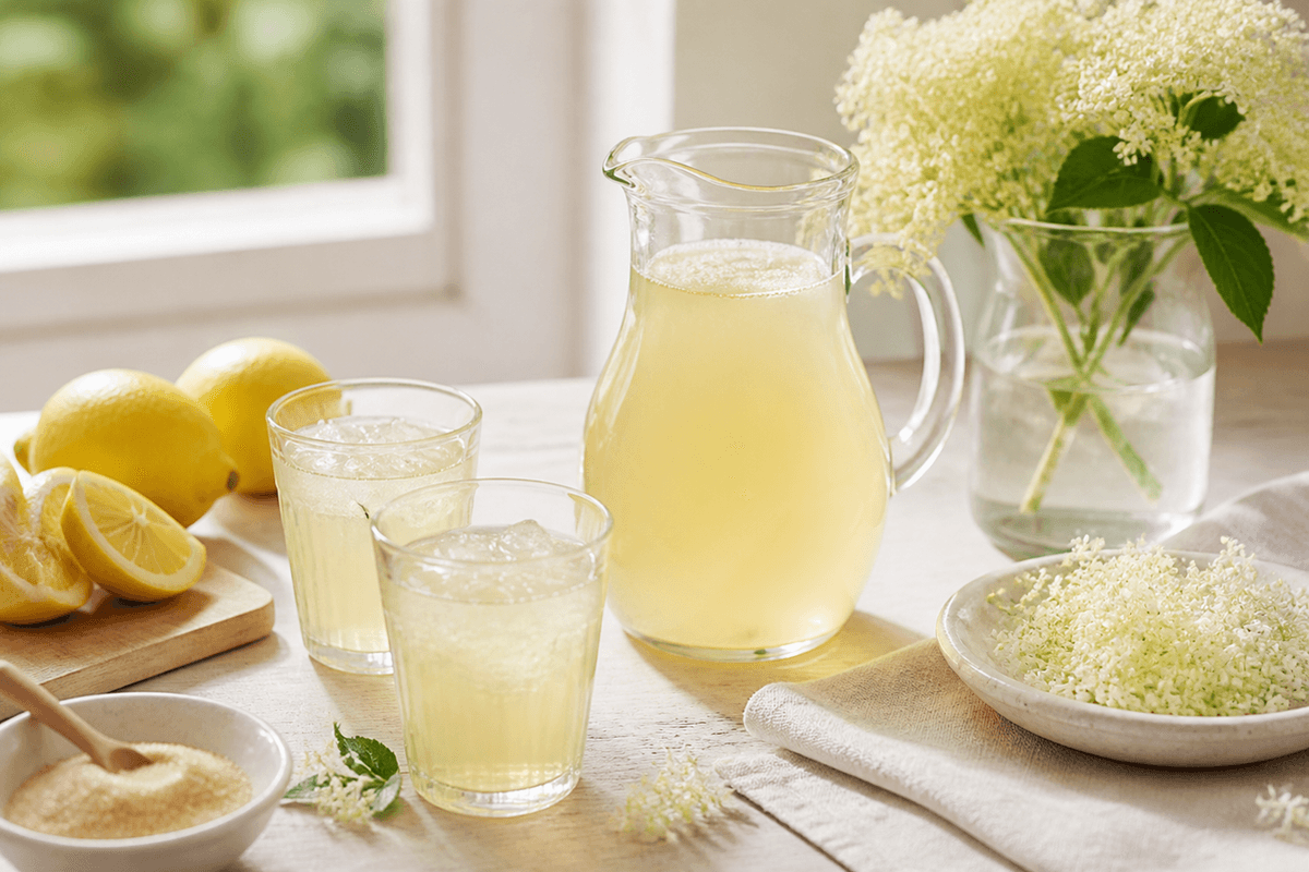 Hyldeblomstsaft anrettet i Madblikkets lyse nordiske billedstil med rettens vigtigste råvarer tydeligt synlige