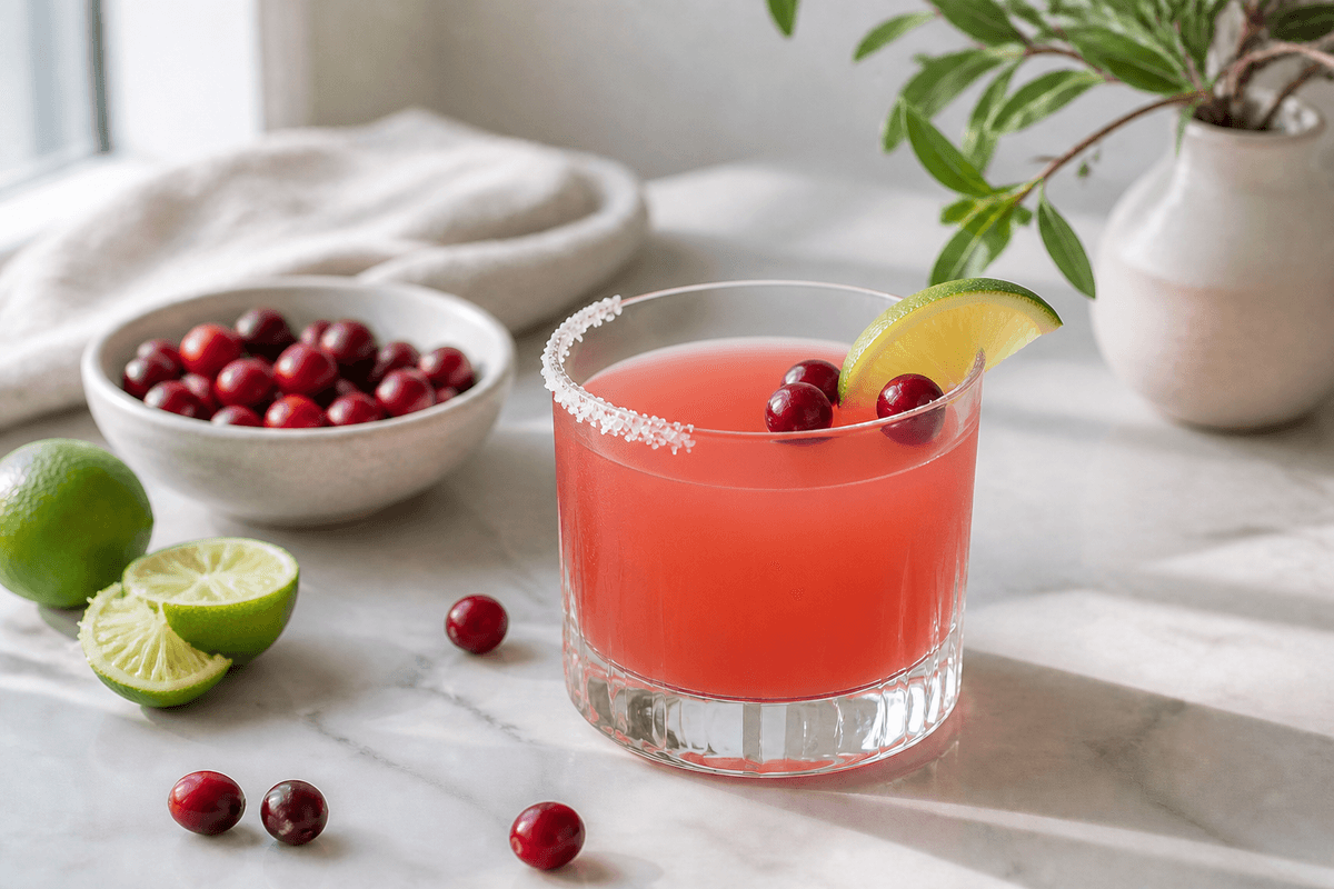 Cranberry Margarita anrettet i Madblikkets lyse nordiske billedstil med rettens vigtigste råvarer tydeligt synlige