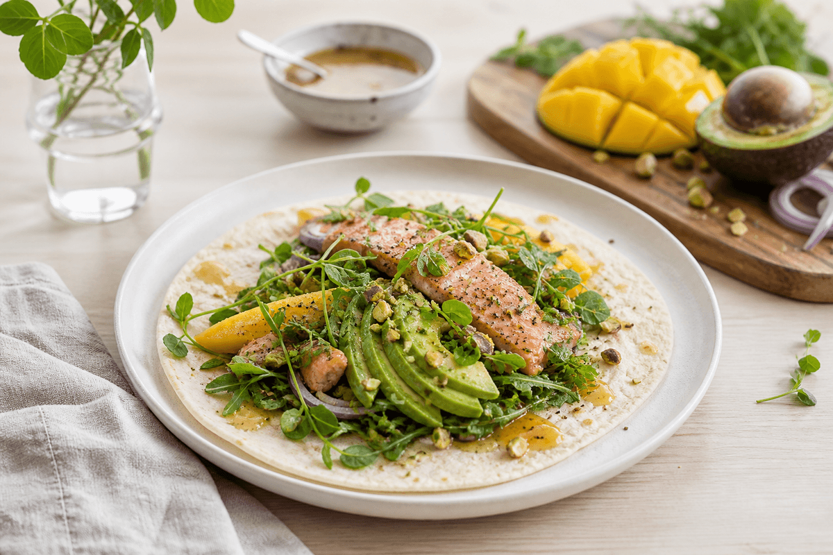 Tortilla med laks og mango anrettet i Madblikkets lyse nordiske billedstil med rettens vigtigste råvarer tydeligt synlige