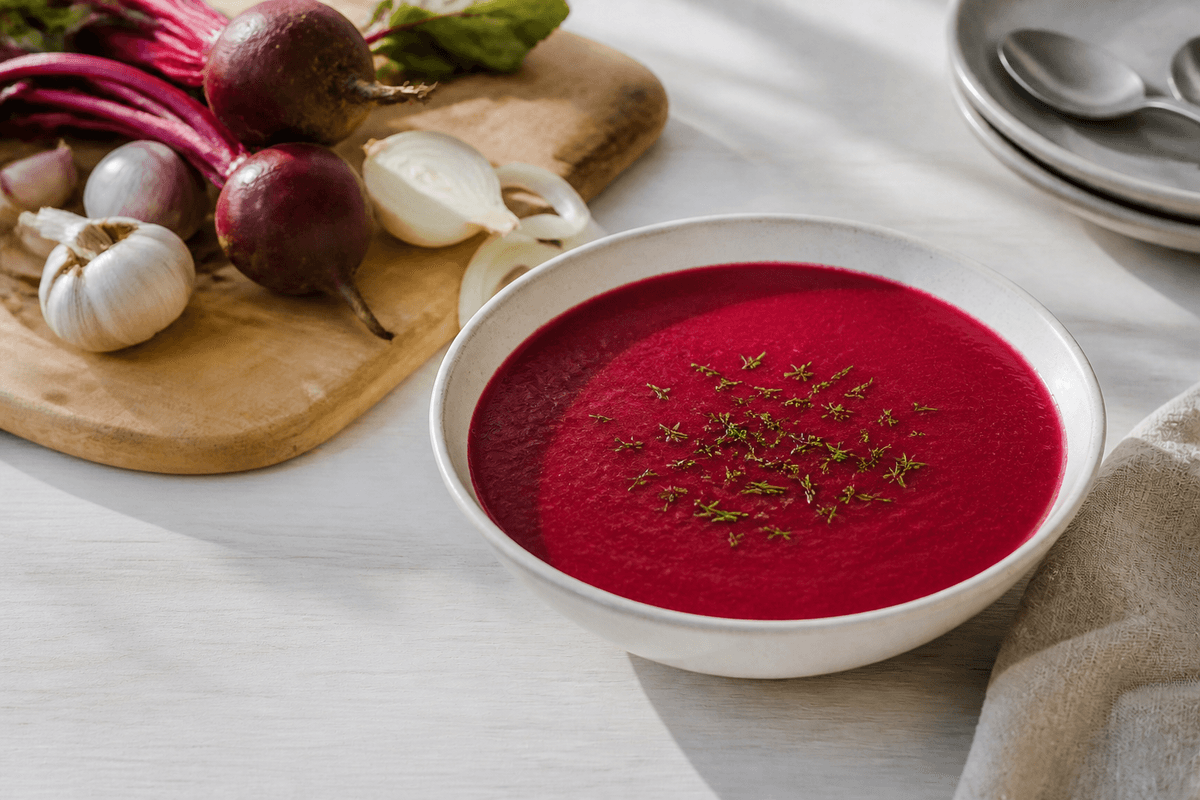Rødbedesuppe anrettet i Madblikkets lyse nordiske billedstil med rettens vigtigste råvarer tydeligt synlige