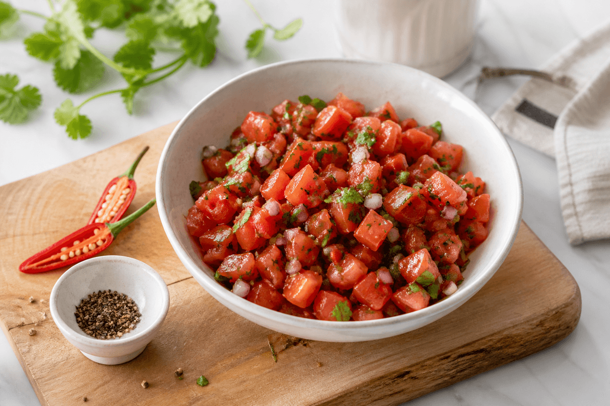 Tomatsalsa anrettet i Madblikkets lyse nordiske billedstil med rettens vigtigste råvarer tydeligt synlige