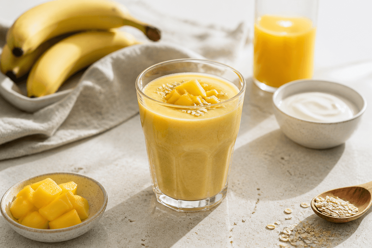 Smoothie med mango og banan anrettet i Madblikkets lyse nordiske billedstil med rettens vigtigste råvarer tydeligt synlige