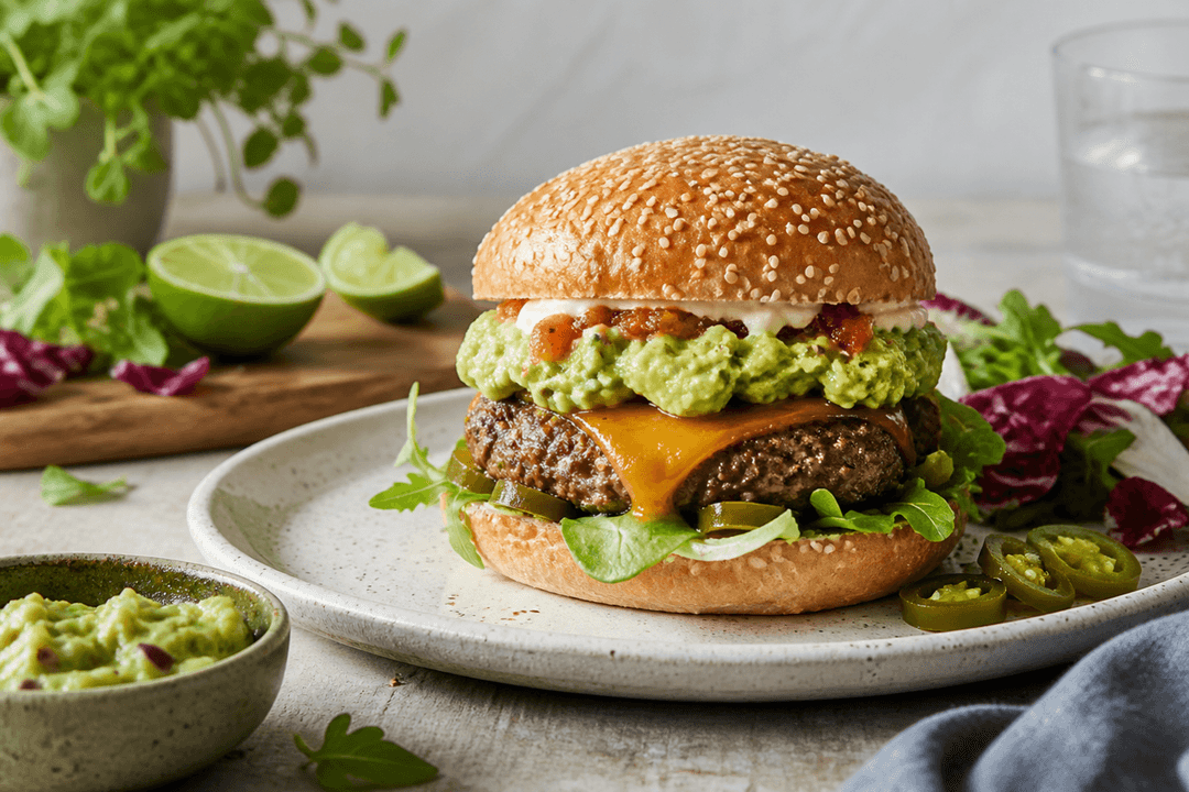 Mexicansk burger med guacamole anrettet i Madblikkets lyse nordiske billedstil med rettens vigtigste råvarer tydeligt synlige
