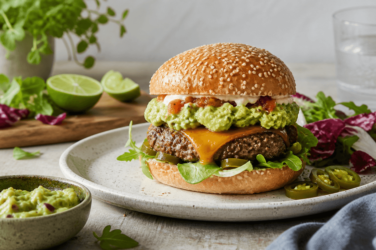Mexicansk burger med guacamole anrettet i Madblikkets lyse nordiske billedstil med rettens vigtigste råvarer tydeligt synlige