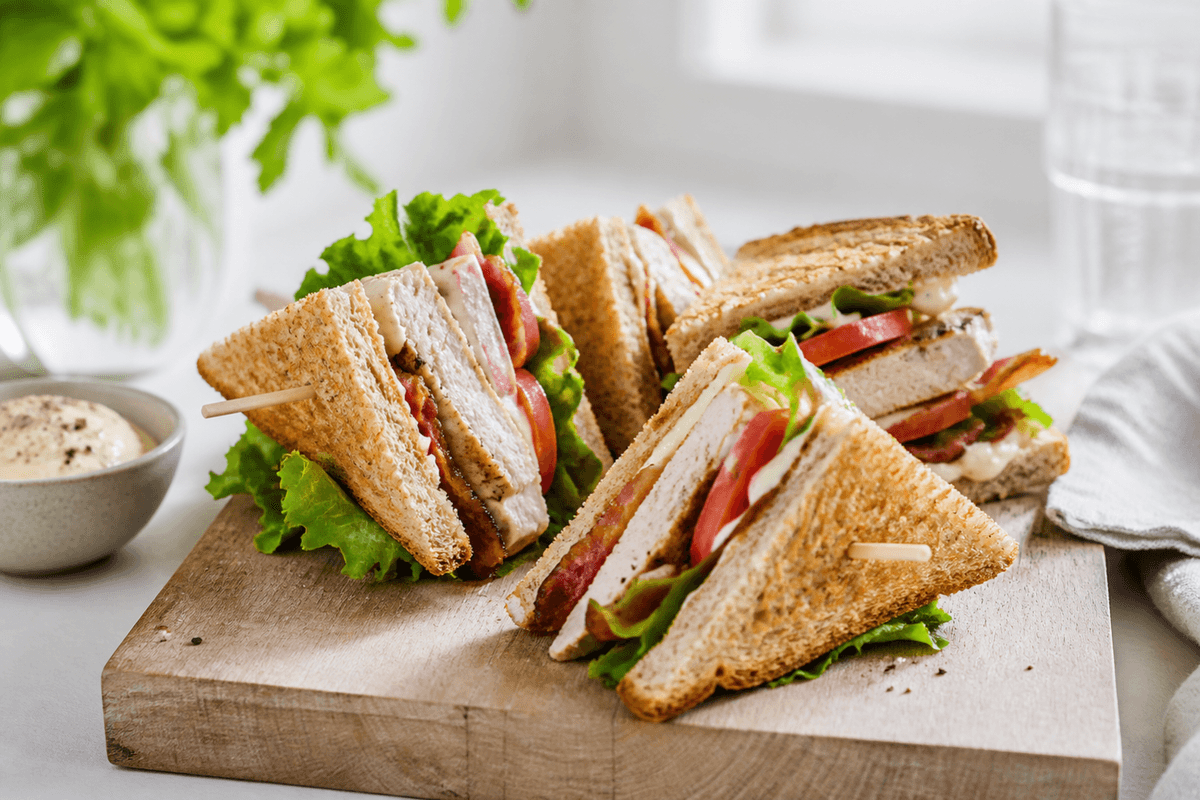 Clubsandwich med mørt kyllingekød og bacon anrettet i Madblikkets lyse nordiske billedstil med rettens vigtigste råvarer tydeligt synlige