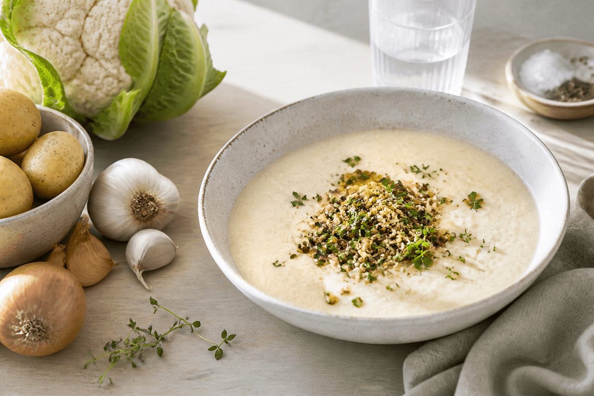 Blomkålssuppe anrettet i Madblikkets lyse nordiske billedstil med rettens vigtigste råvarer tydeligt synlige