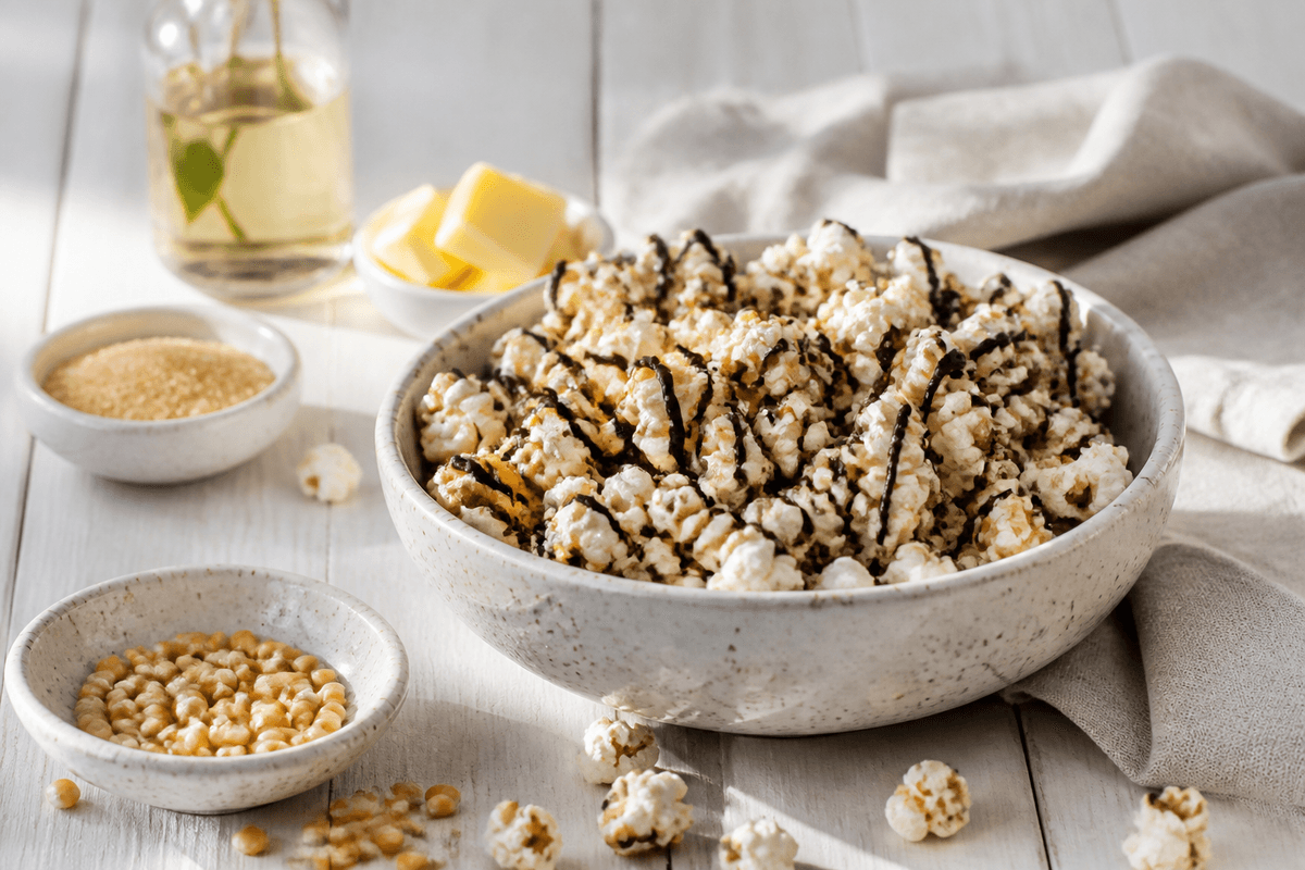 Chokolade og karamel popcorn anrettet i Madblikkets lyse nordiske billedstil med rettens vigtigste råvarer tydeligt synlige