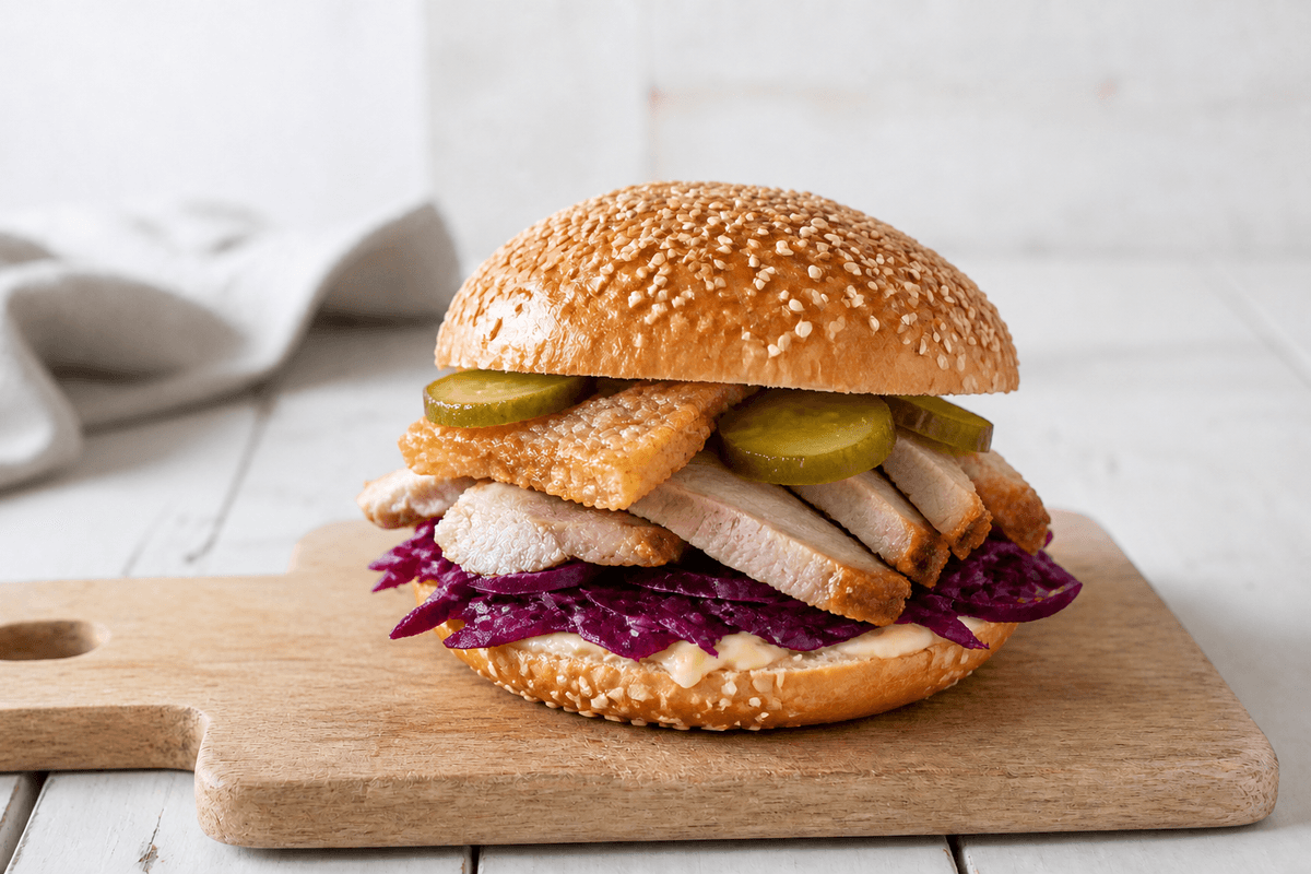 Flæskestegssandwich med rødkål og sennepsmayonnaise anrettet i Madblikkets lyse nordiske billedstil med rettens vigtigste råvarer tydeligt synlige