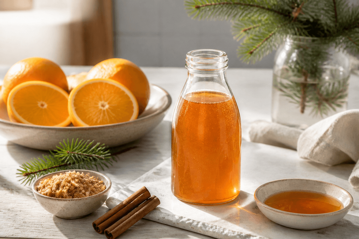 Julesirup anrettet i Madblikkets lyse nordiske billedstil med rettens vigtigste råvarer tydeligt synlige