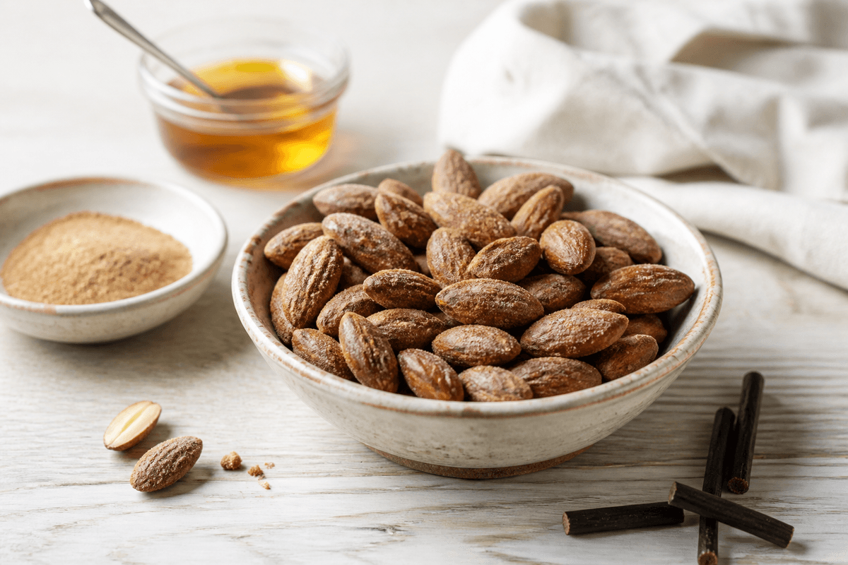 Lakridsmandler - en nem og sund snack anrettet i Madblikkets lyse nordiske billedstil med rettens vigtigste råvarer tydeligt synlige