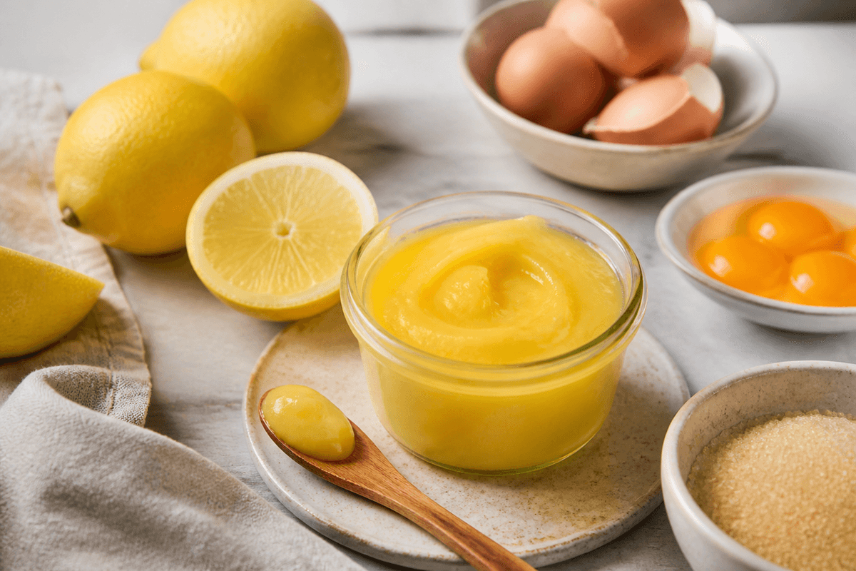 Silkeblød lemoncurd med citron anrettet i Madblikkets lyse nordiske billedstil med rettens vigtigste råvarer tydeligt synlige