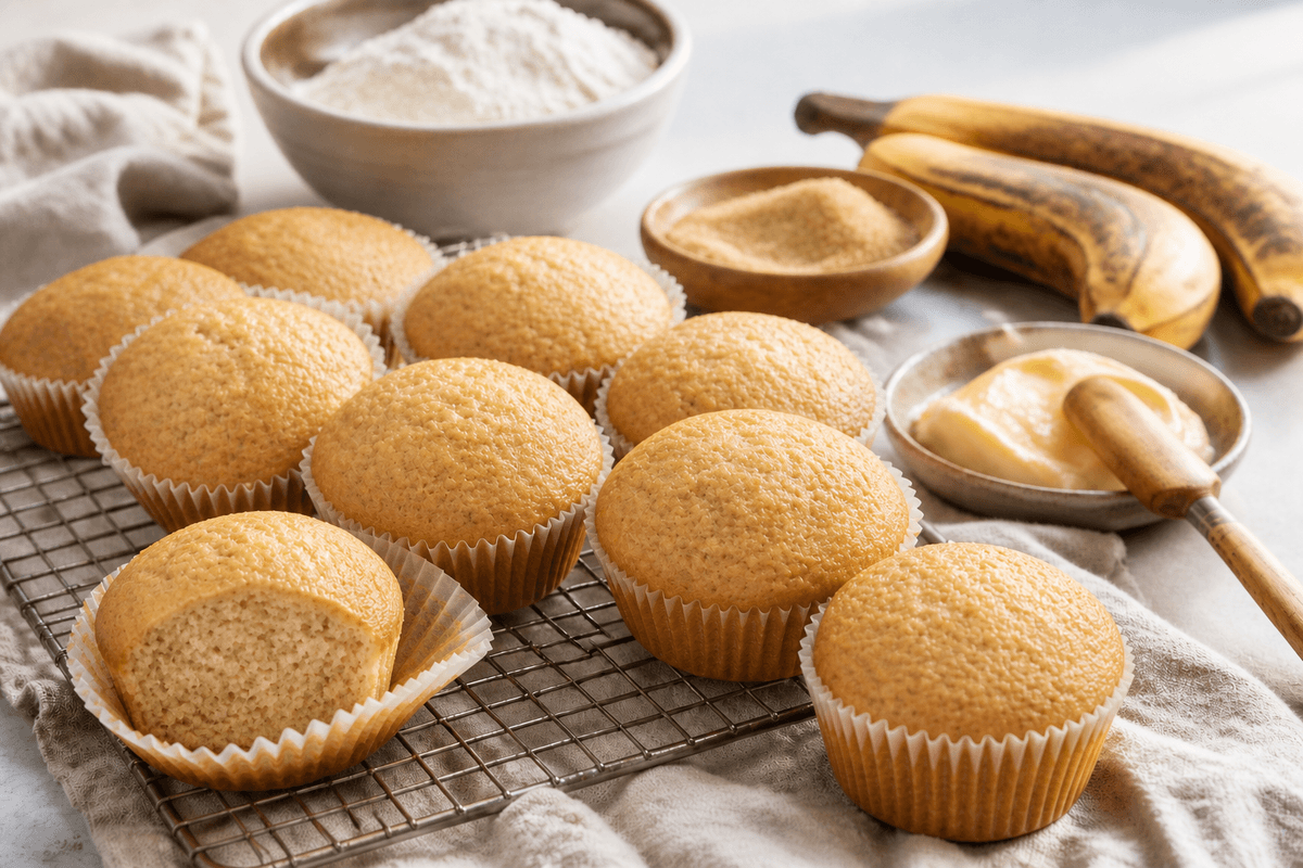 Bananmuffins anrettet i Madblikkets lyse nordiske billedstil med rettens vigtigste råvarer tydeligt synlige