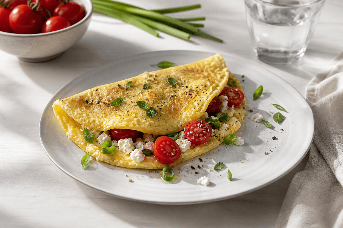 Omelet med feta og tomat anrettet i Madblikkets lyse nordiske billedstil med rettens vigtigste råvarer tydeligt synlige