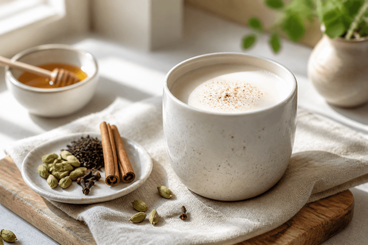Chai Latte anrettet i Madblikkets lyse nordiske billedstil med rettens vigtigste råvarer tydeligt synlige