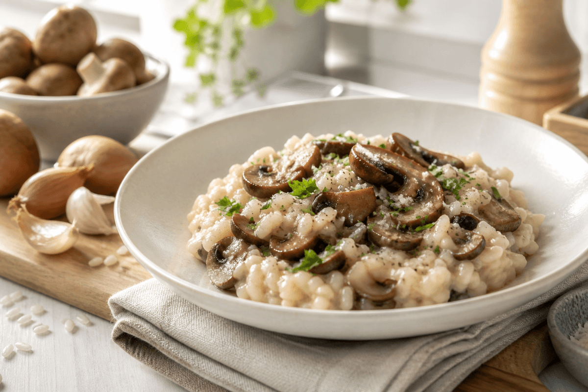 Risotto med svampe anrettet i Madblikkets lyse nordiske billedstil med rettens vigtigste råvarer tydeligt synlige