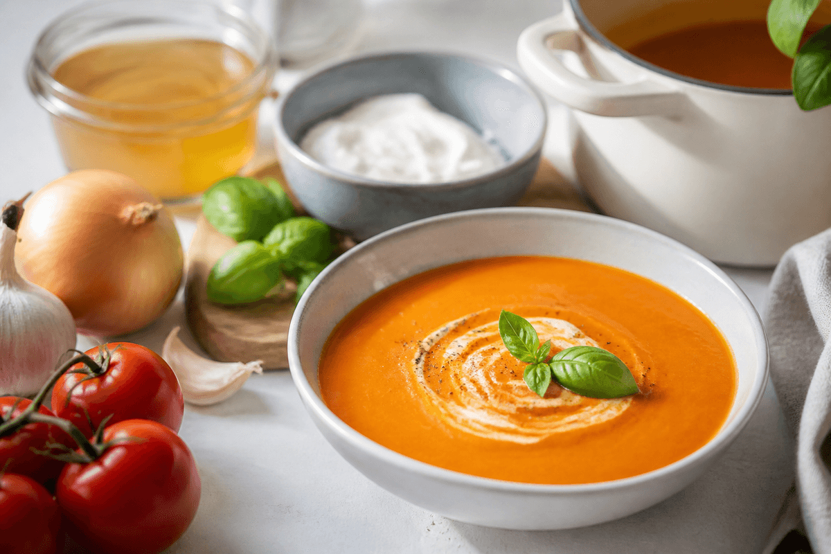 Cremet tomatsuppe med mascarpone anrettet i Madblikkets lyse nordiske billedstil med rettens vigtigste råvarer tydeligt synlige