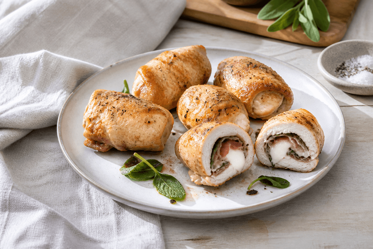 Kyllingeruller med salvie, parmaskinke og mozzarella anrettet i Madblikkets lyse nordiske billedstil med rettens vigtigste råvarer tydeligt synlige