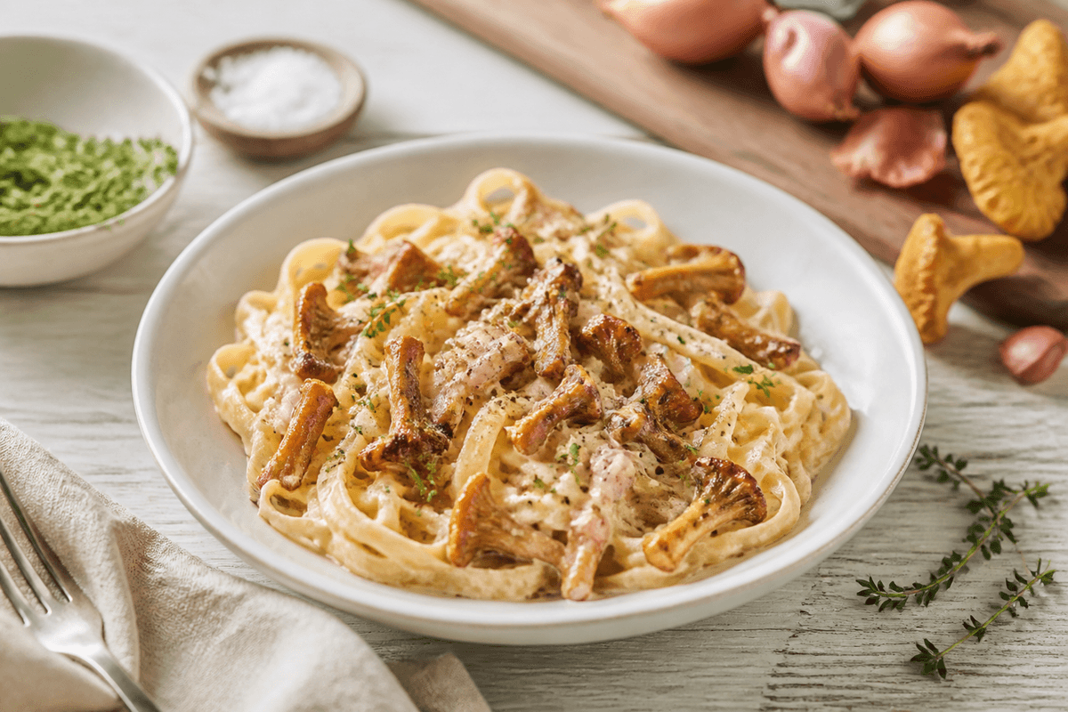 Pasta med kantareller og fløde anrettet i Madblikkets lyse nordiske billedstil med rettens vigtigste råvarer tydeligt synlige