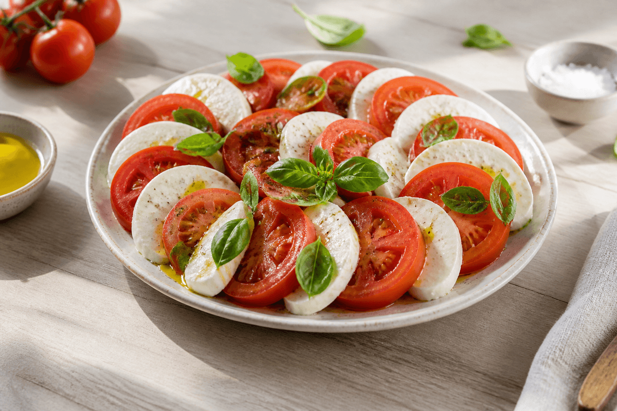 Tomatsalat med mozzarella anrettet i Madblikkets lyse nordiske billedstil med rettens vigtigste råvarer tydeligt synlige