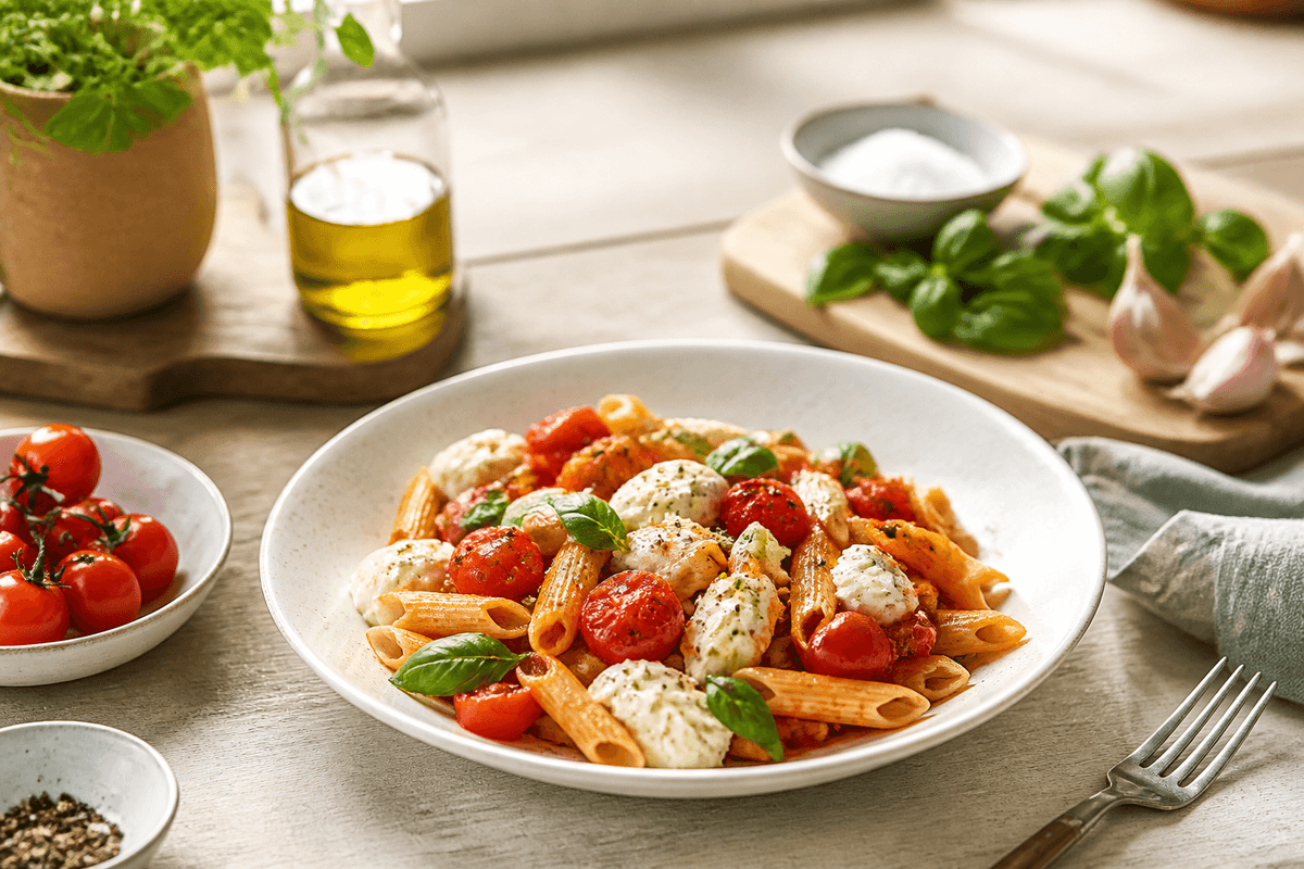 Pasta med mozzarella og tomater anrettet i Madblikkets lyse nordiske billedstil med rettens vigtigste råvarer tydeligt synlige