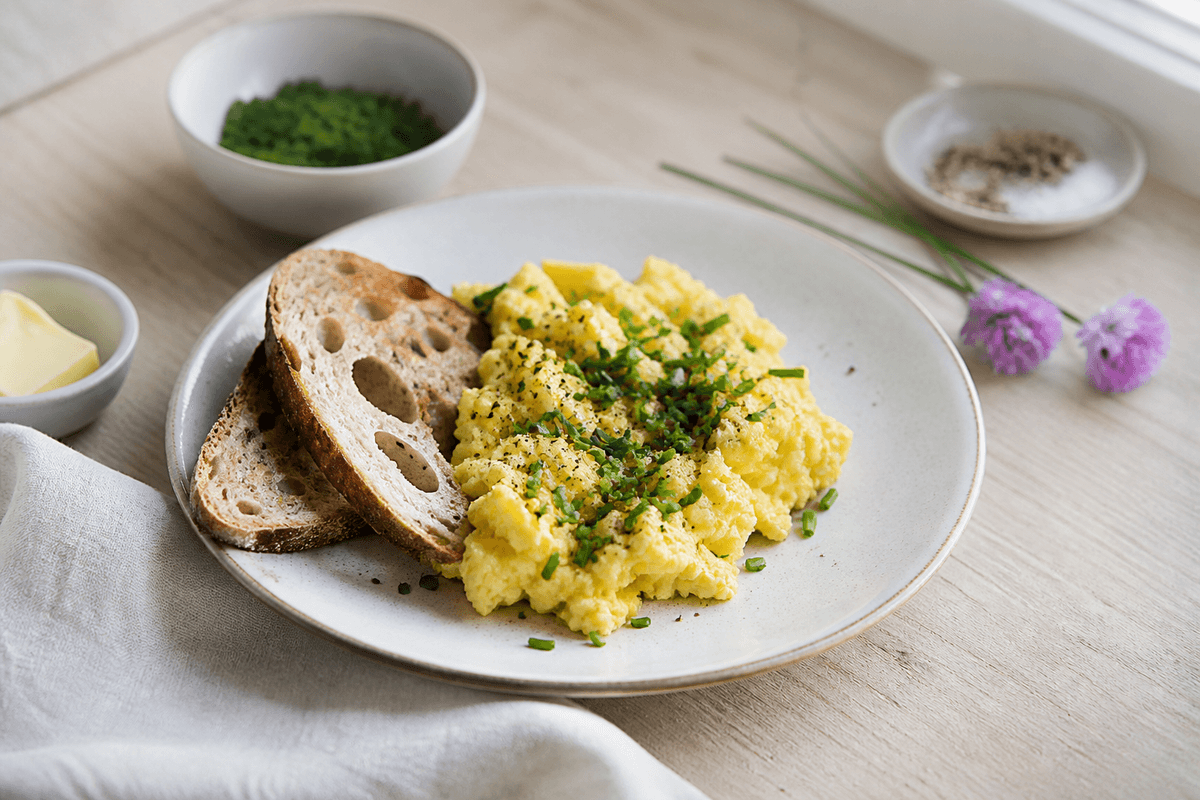 Scrambled eggs til morgenmad anrettet i Madblikkets lyse nordiske billedstil med rettens vigtigste råvarer tydeligt synlige