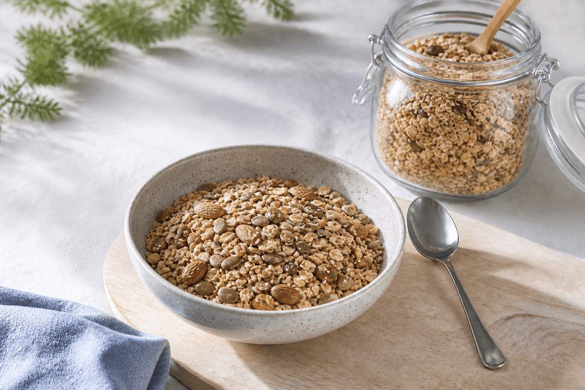 Müsli anrettet i Madblikkets lyse nordiske billedstil med rettens vigtigste råvarer tydeligt synlige