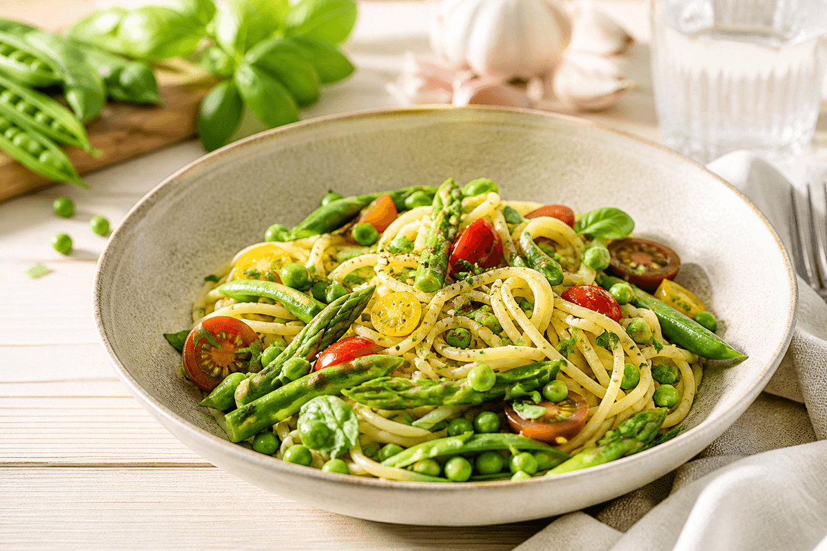 Sommerpasta med ærter og tomat anrettet i Madblikkets lyse nordiske billedstil med rettens vigtigste råvarer tydeligt synlige