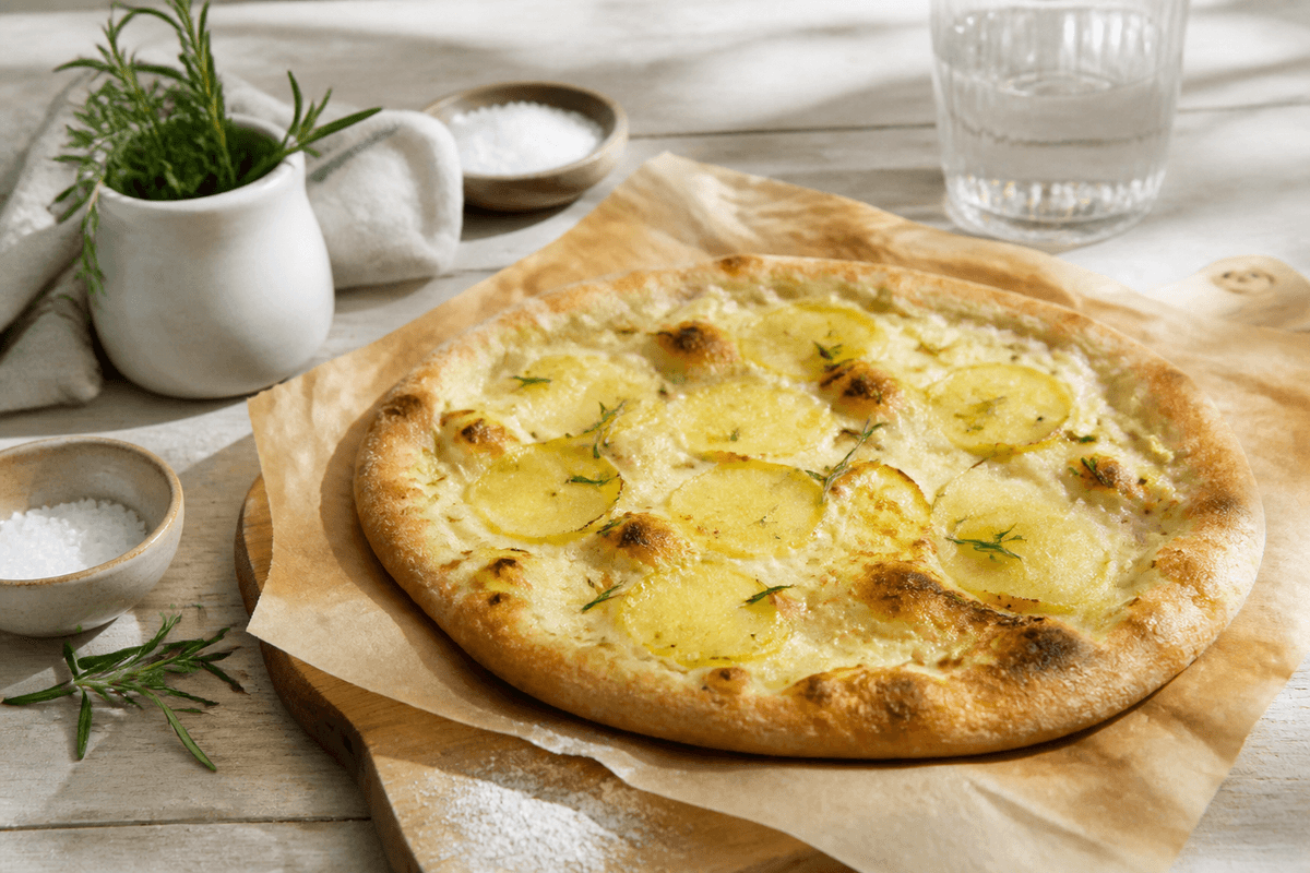 Hvid pizza med kartoffel og rosmarin anrettet i Madblikkets lyse nordiske billedstil med rettens vigtigste råvarer tydeligt synlige