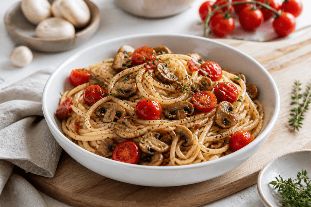 Pasta med svampe, bacon og tomater anrettet i Madblikkets lyse nordiske billedstil med rettens vigtigste råvarer tydeligt synlige