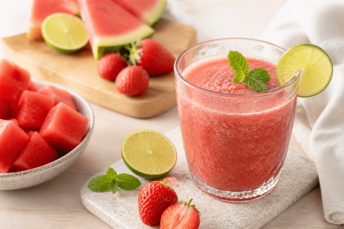 Vandmelonsmoothie anrettet i Madblikkets lyse nordiske billedstil med rettens vigtigste råvarer tydeligt synlige