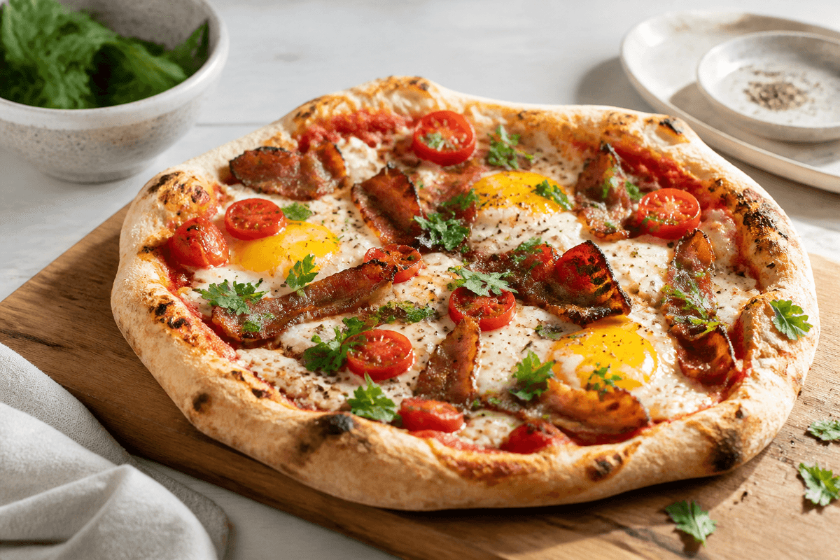English Breakfast Pizza anrettet i Madblikkets lyse nordiske billedstil med rettens vigtigste råvarer tydeligt synlige