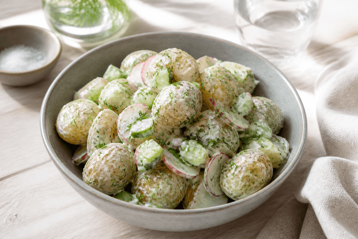 Kartoffelsalat med urter og sennepsdressing anrettet i Madblikkets lyse nordiske billedstil