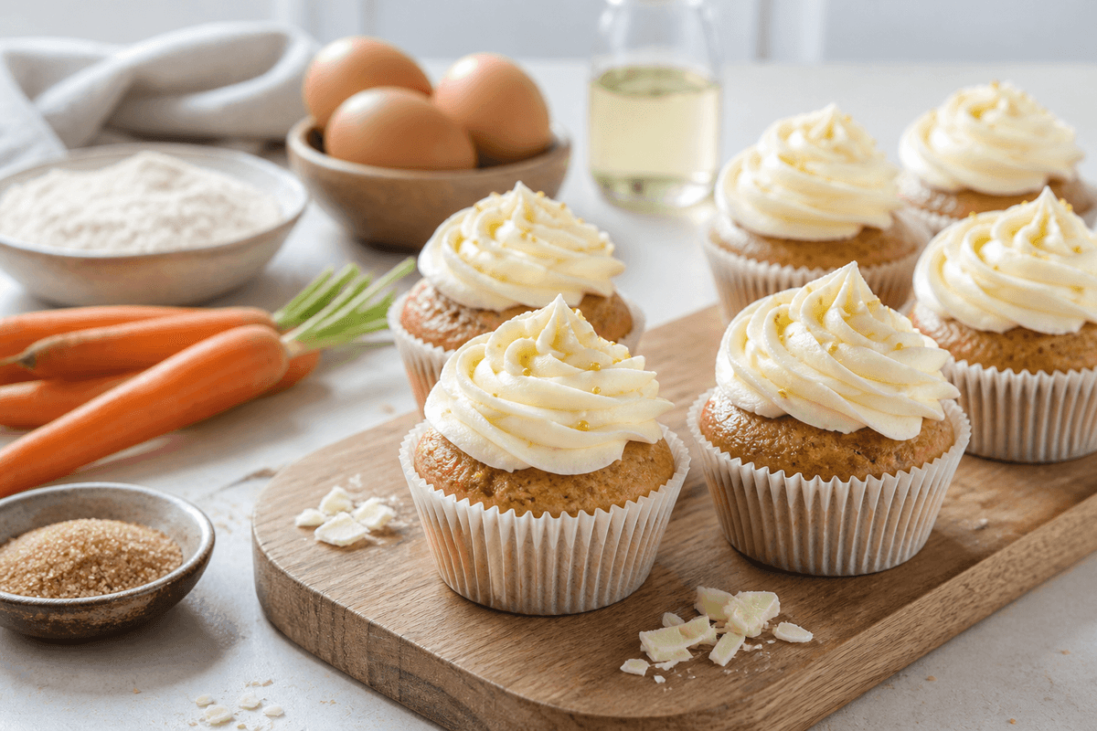 Gulerodsmuffins med hvid chokoladefrosting anrettet i Madblikkets lyse nordiske billedstil