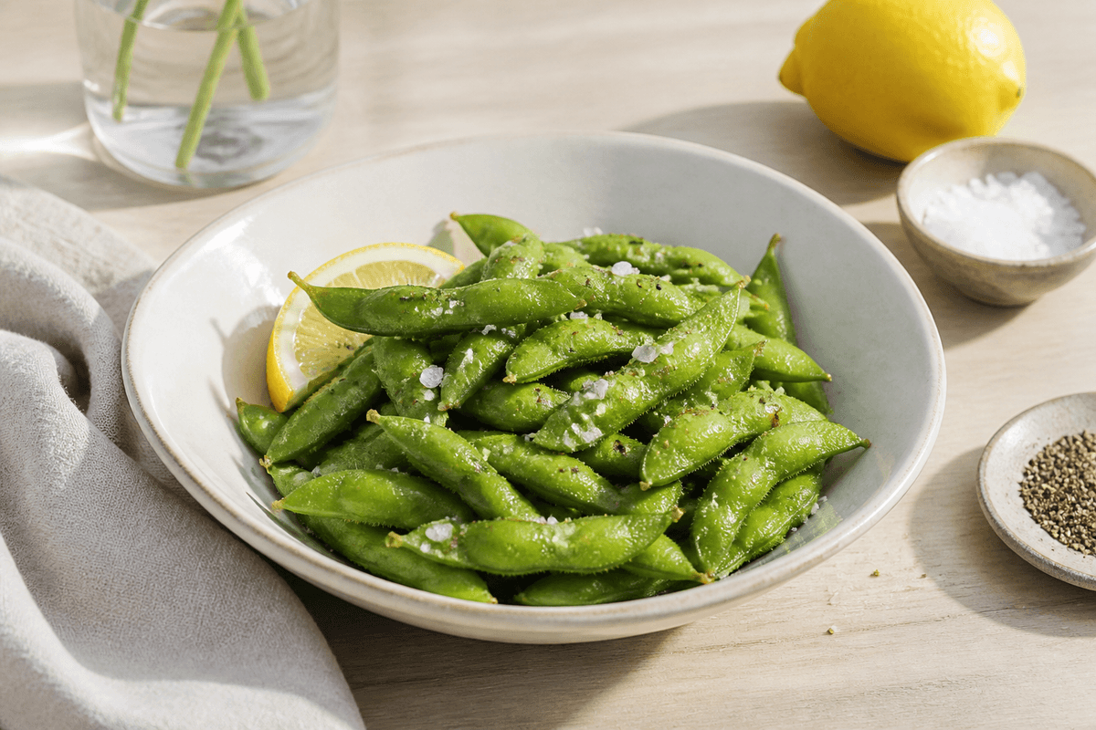 Edamamebønner med citron og flagesalt anrettet i Madblikkets lyse nordiske billedstil