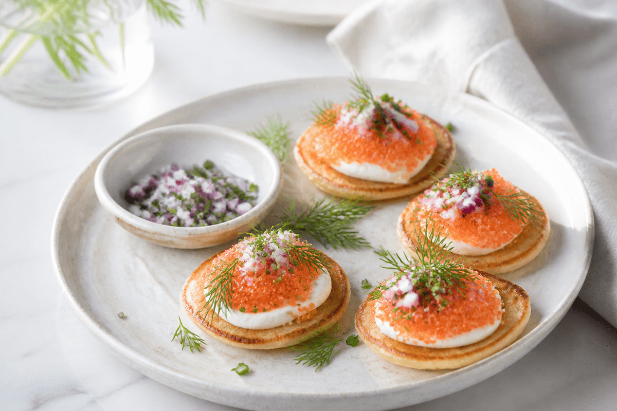 Blinis med stenbiderrogn anrettet i Madblikkets lyse nordiske billedstil